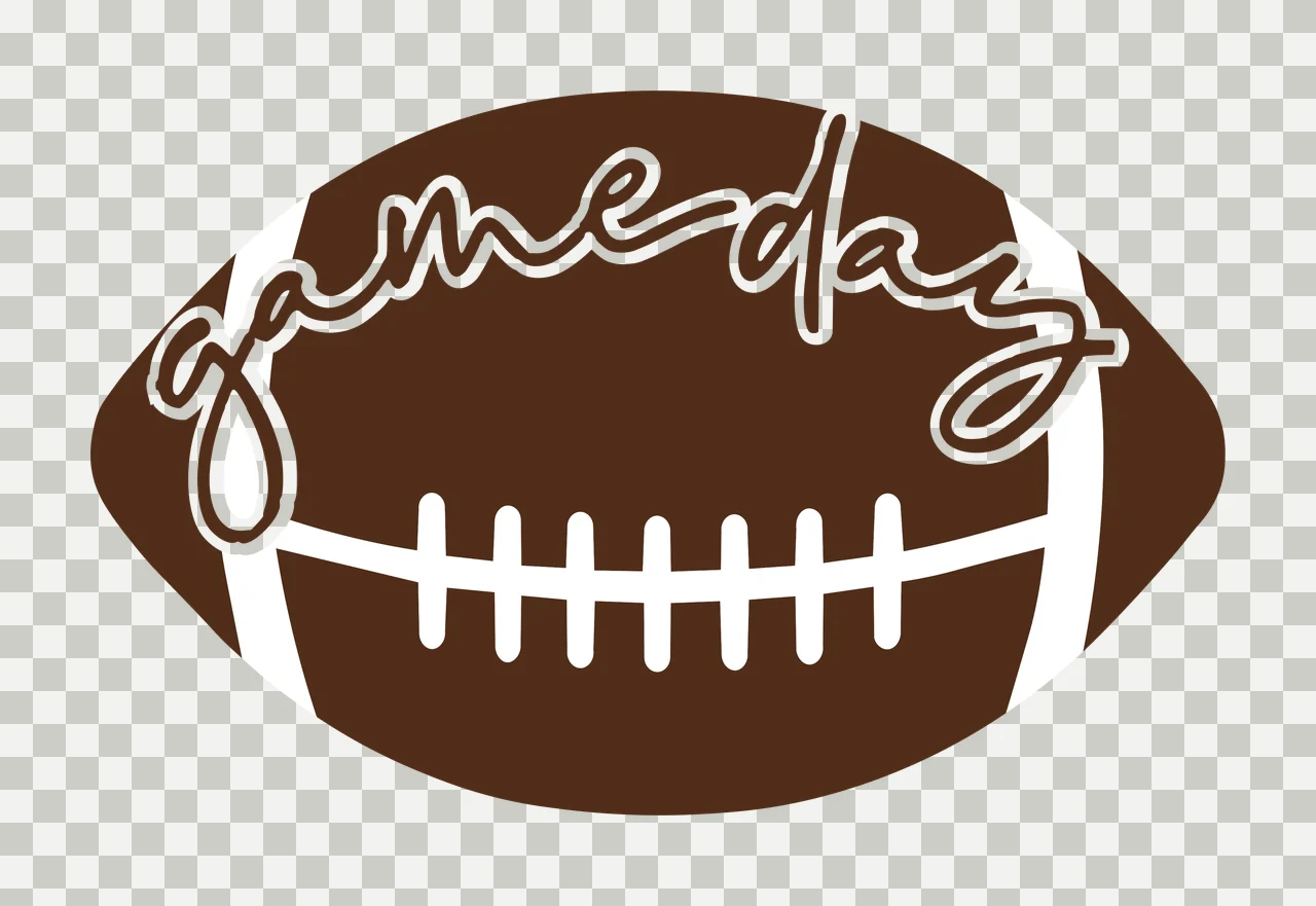 Gameday American football Design with football shape, cursive lettering, white laces and white outline in dark brown transparency and detail preview thumbnail