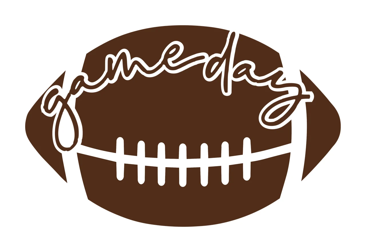 Gameday American football Design with football shape, cursive lettering, white laces and white outline in dark brown