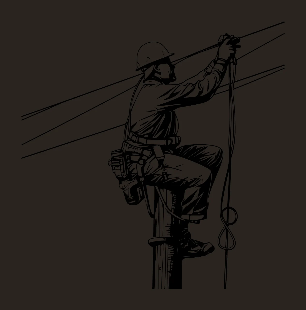 Electrician Climbing A Wooden Utility Pole wires helmet harness contrast preview thumbnail