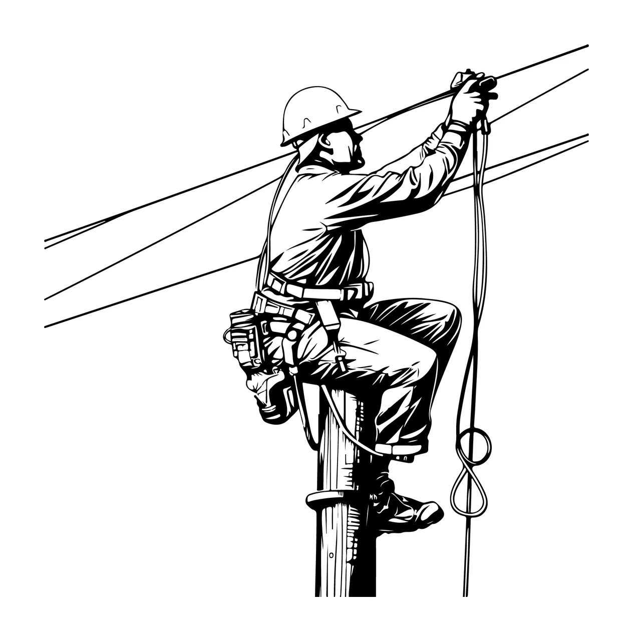 Electrician Climbing A Wooden Utility Pole wires helmet harness