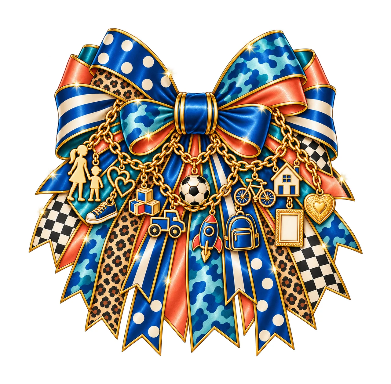 Boy Mom Bow Charm PNG, Gold Chain Charms, Transparent Sublimation Design, Digital Download
