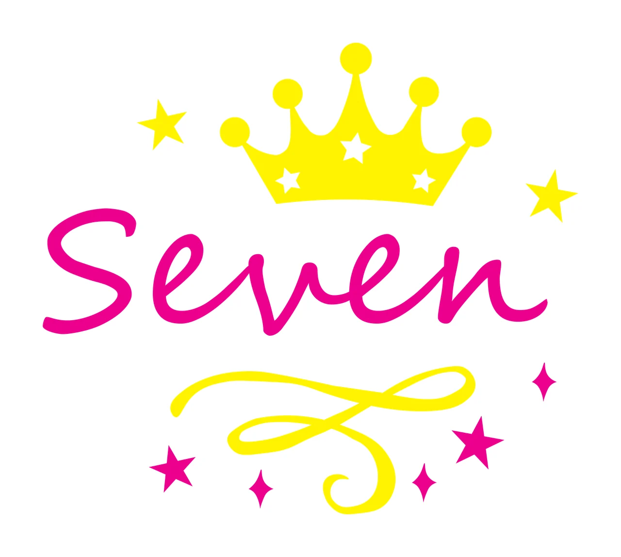 Seven Typography Design with yellow crown, white stars and pink stars