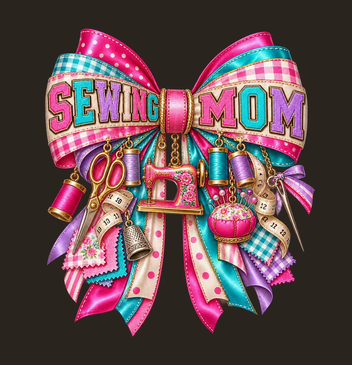 Sewing Mom Bow Charm PNG, Patterned Varsity Mom Ribbon Clipart, Transparent Sublimation Digital Download contrast preview thumbnail