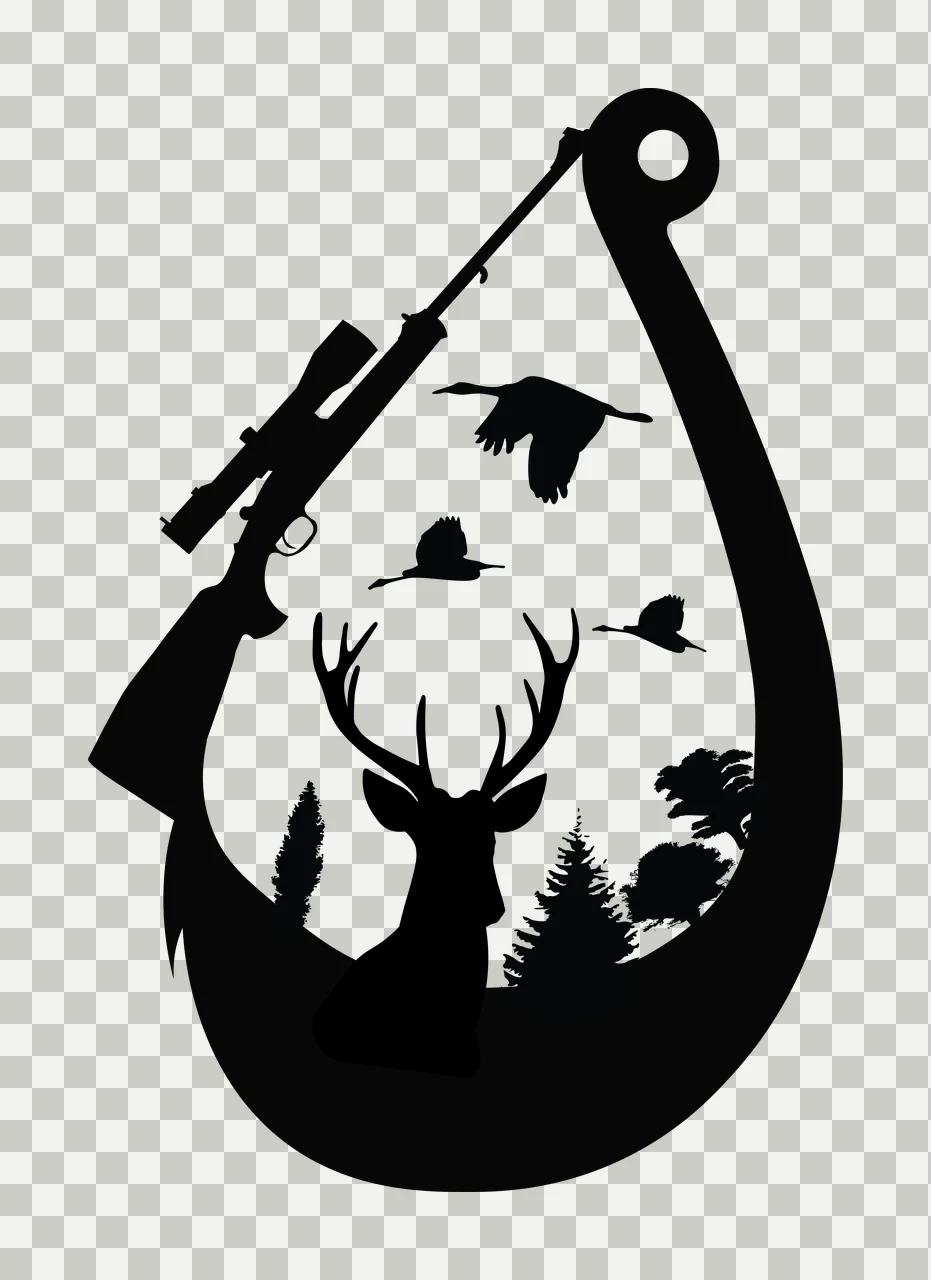 Deer Hook Head Silhouette With Rifle And Birds fish trees black transparency and detail preview thumbnail
