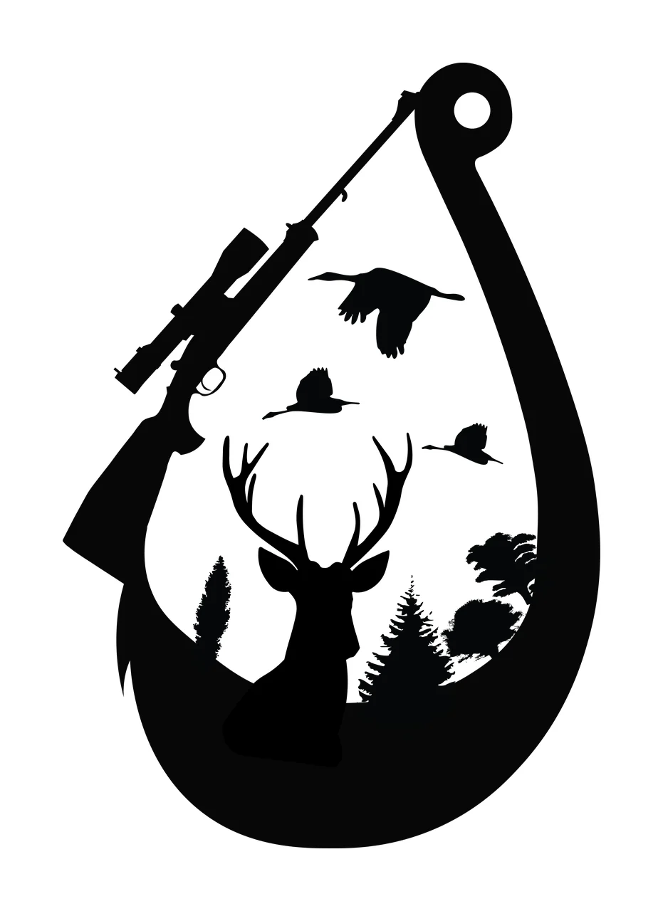 Deer Hook Head Silhouette With Rifle And Birds fish trees black