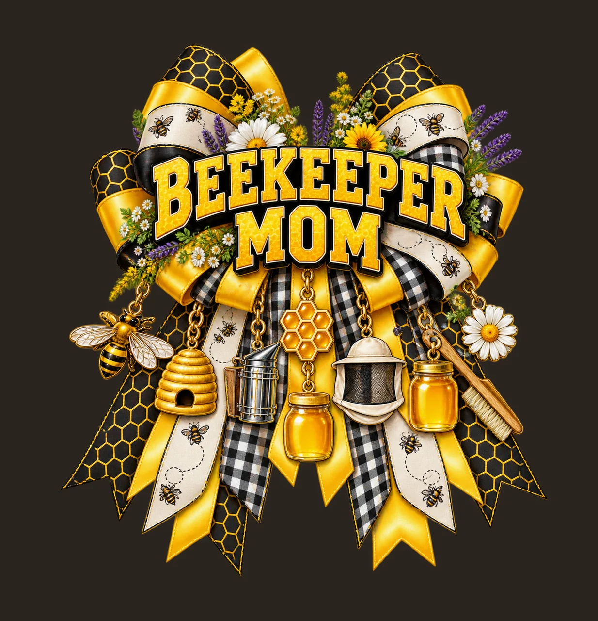 Beekeeper Mom Bow Charm PNG, Patterned Varsity Mom Ribbon Clipart, Transparent Sublimation Digital Download contrast preview thumbnail