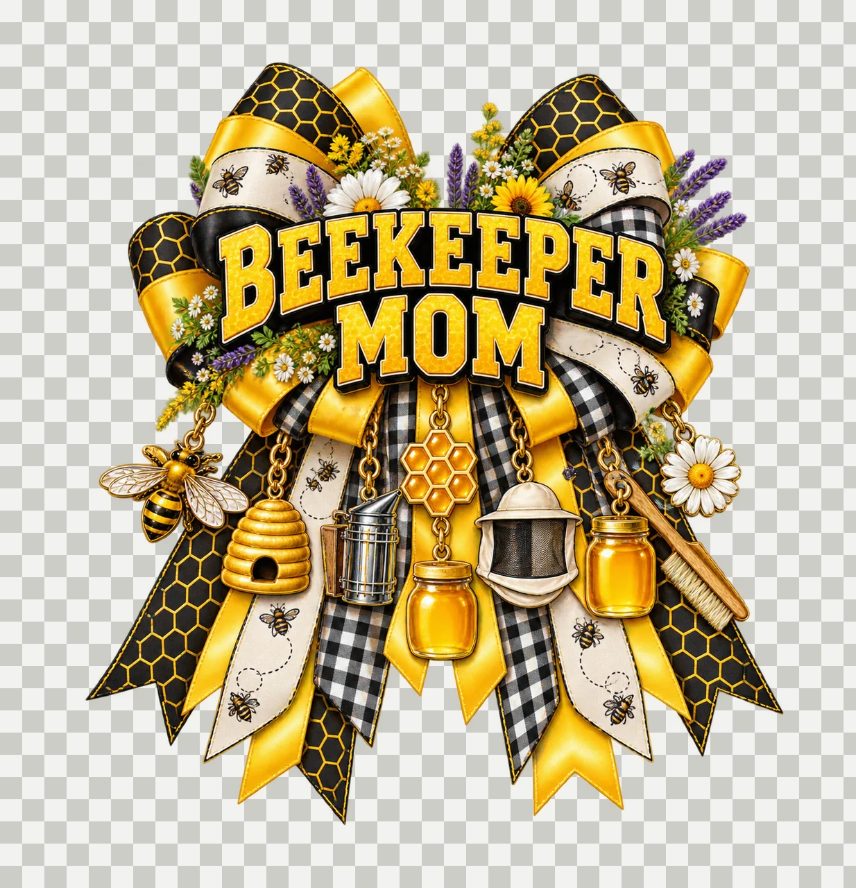 Beekeeper Mom Bow Charm PNG, Patterned Varsity Mom Ribbon Clipart, Transparent Sublimation Digital Download transparency and detail preview thumbnail