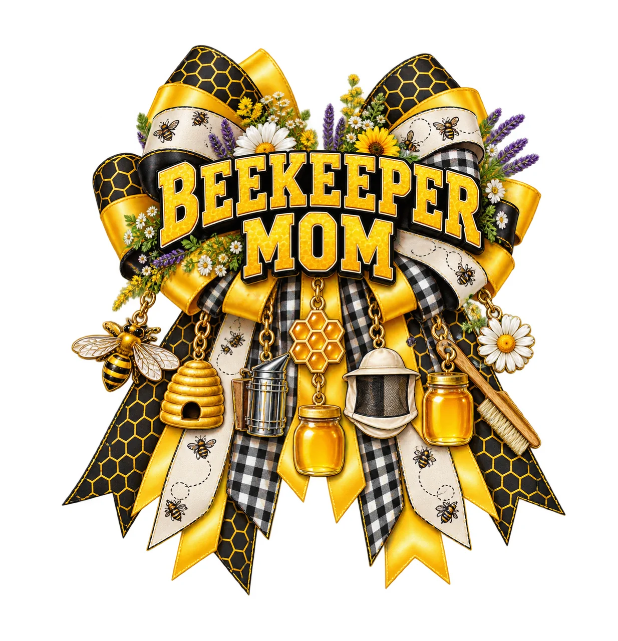 Beekeeper Mom Bow Charm PNG, Patterned Varsity Mom Ribbon Clipart, Transparent Sublimation Digital Download
