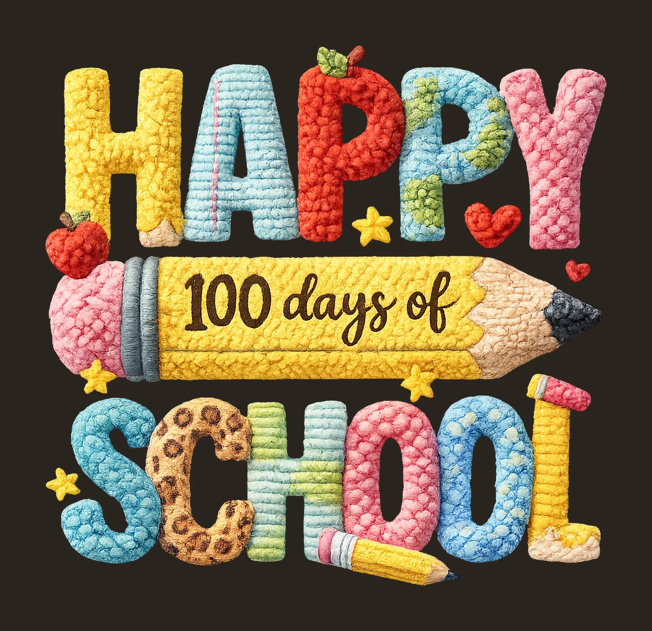 Happy 100 Days Of School Faux Yarn Latch Hook Pencil Design contrast preview thumbnail