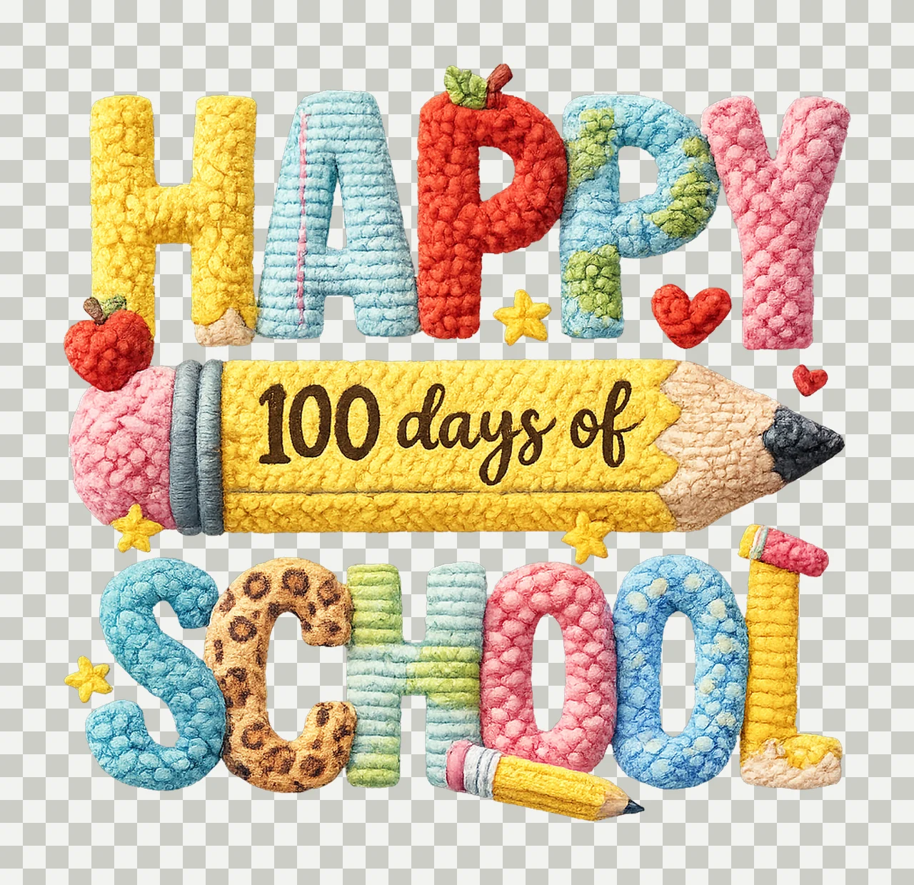 Happy 100 Days Of School Faux Yarn Latch Hook Pencil Design transparency and detail preview thumbnail