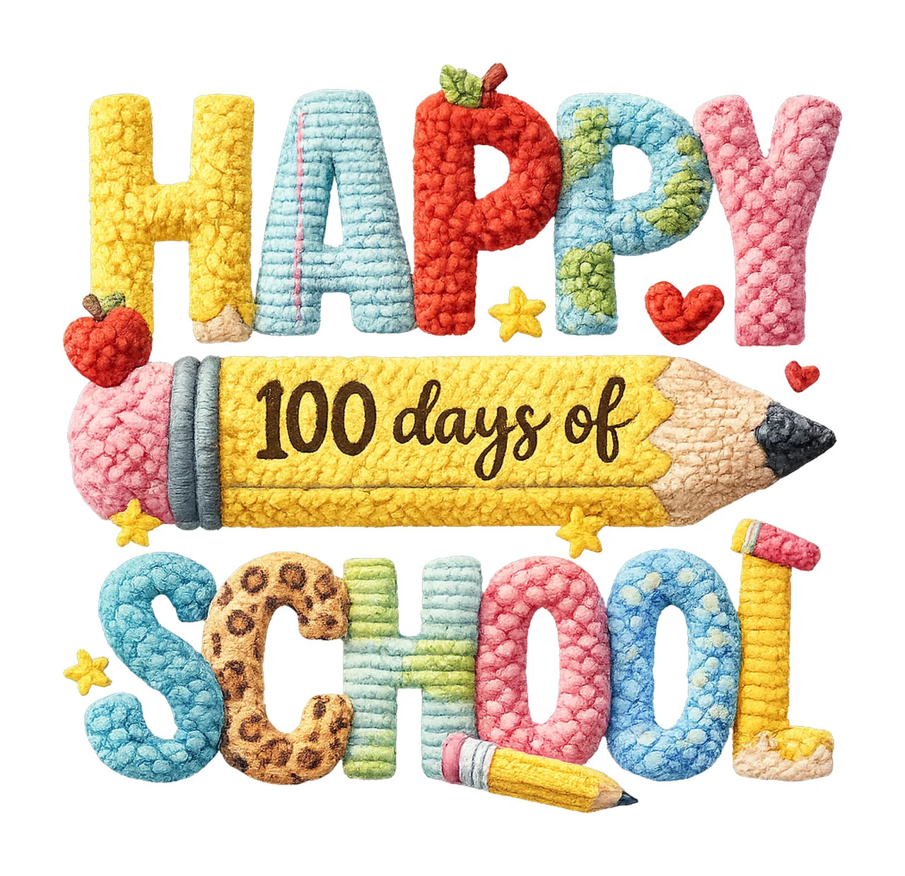 Happy 100 Days Of School Faux Yarn Latch Hook Pencil Design
