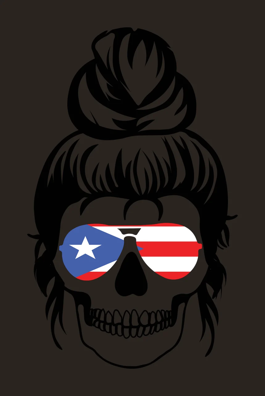 Line Art Illustration of skull with messy bun and sunglasses with messy bun hairstyle, aviator sunglasses, Puerto Rico flag pattern and teeth in black, white and red contrast preview thumbnail