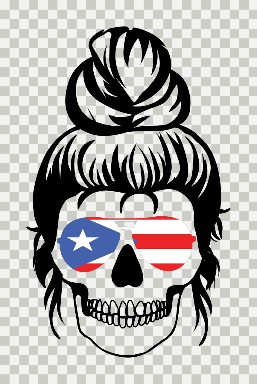 Line Art Illustration of skull with messy bun and sunglasses with messy bun hairstyle, aviator sunglasses, Puerto Rico flag pattern and teeth in black, white and red transparency and detail preview thumbnail