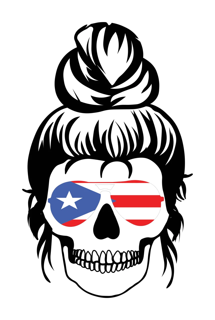 Line Art Illustration of skull with messy bun and sunglasses with messy bun hairstyle, aviator sunglasses, Puerto Rico flag pattern and teeth in black, white and red