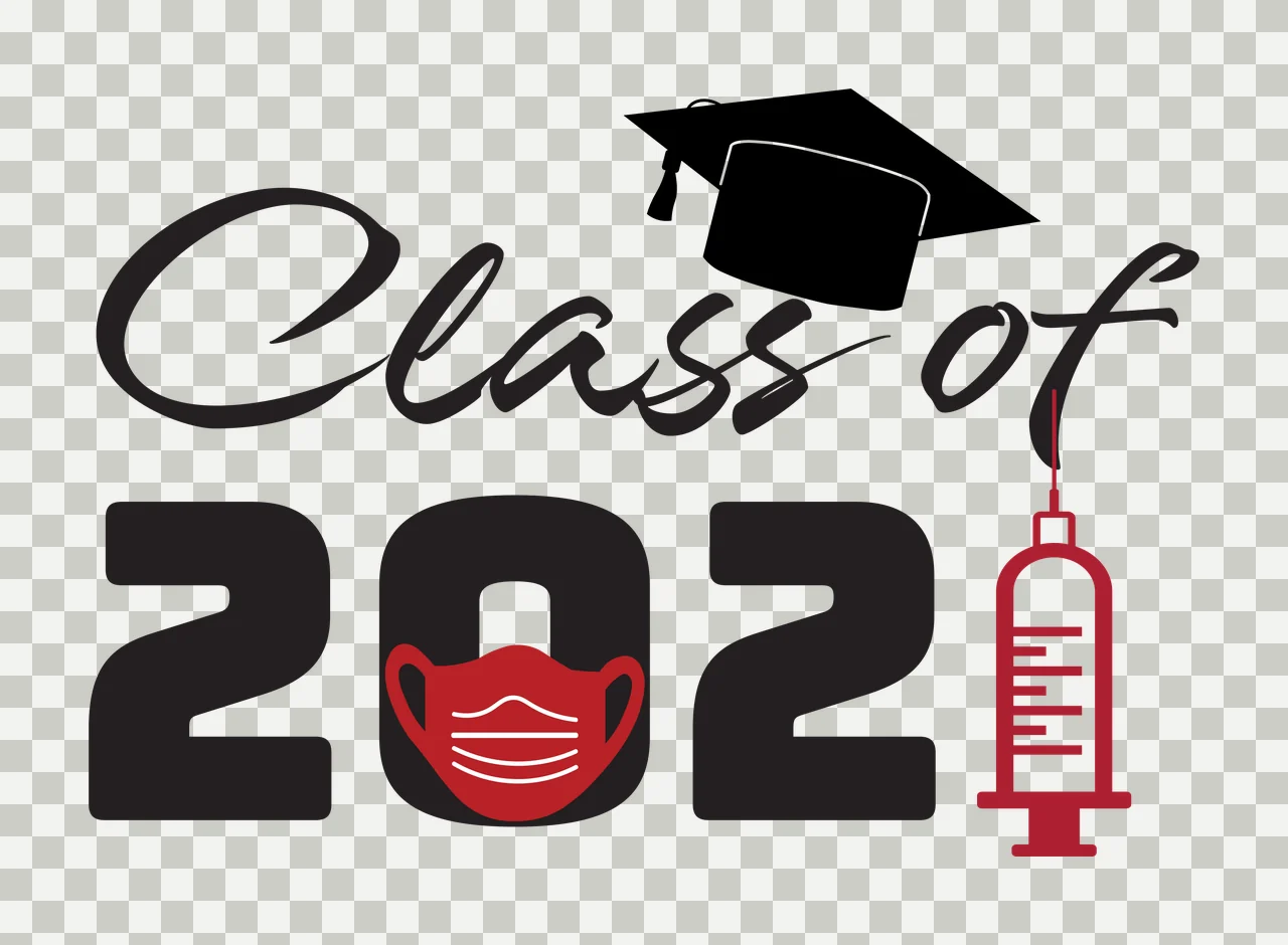 Class of 2021 Graduation commemorative Design with black graduation cap, black cursive text 'Class of', black numerals '2021' and red face mask inside the zero of '2021' transparency and detail preview thumbnail