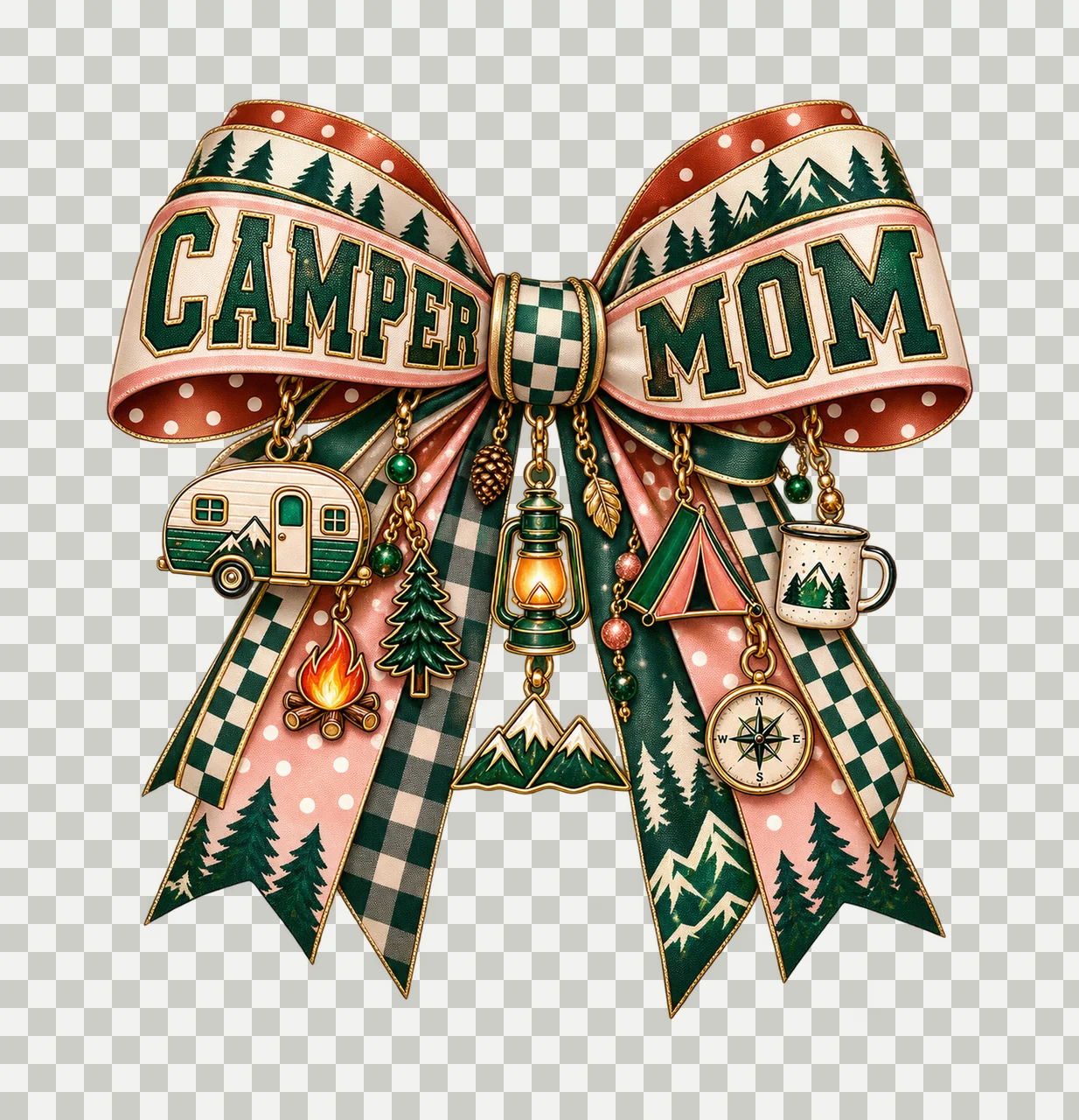 Camper Mom Bow Charm PNG, Patterned Varsity Mom Ribbon Clipart, Transparent Sublimation Digital Download transparency and detail preview thumbnail