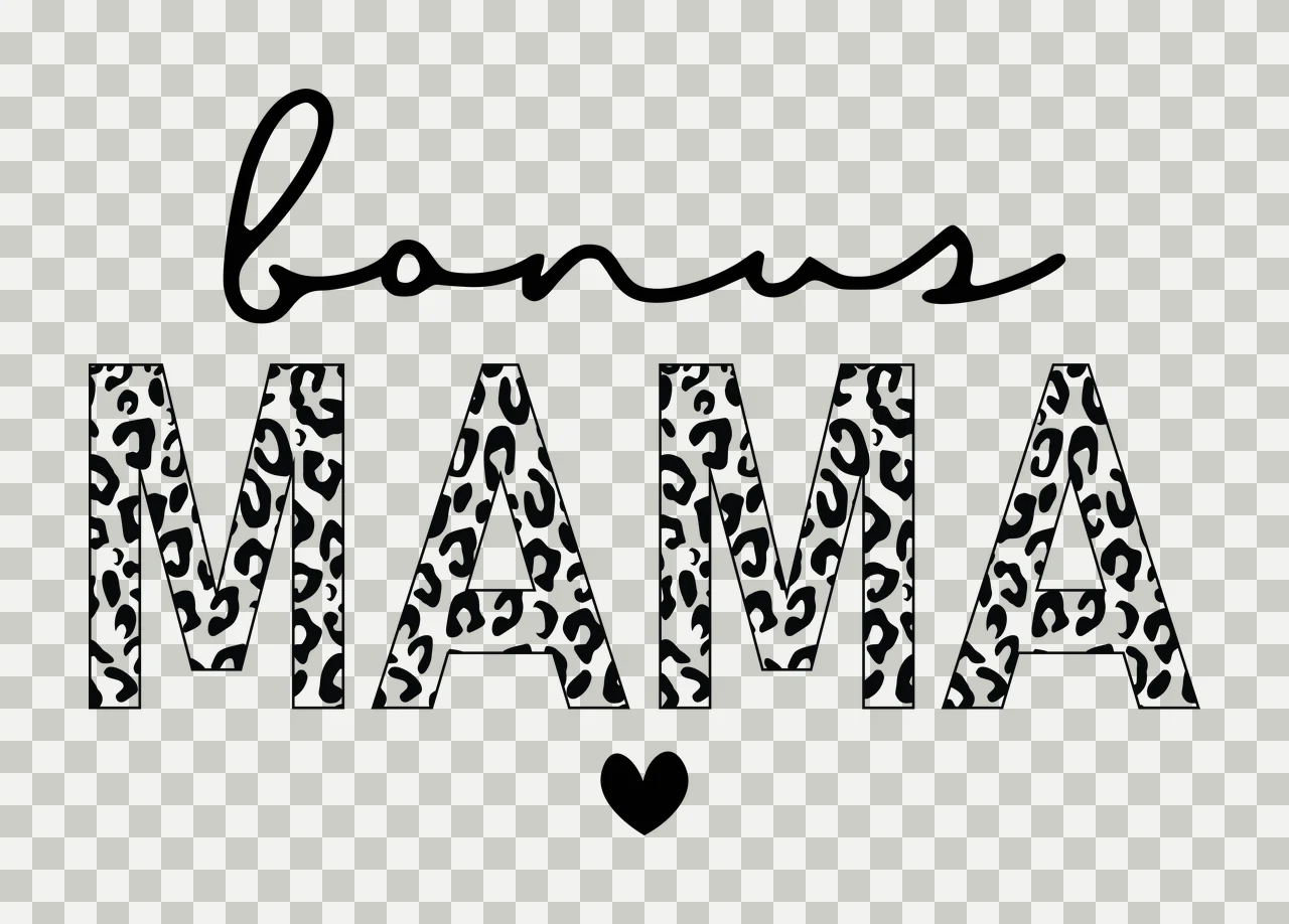 Bonus MAMA Typography Design with cursive bonus text, leopard print mama block letters and black heart icon in white transparency and detail preview thumbnail