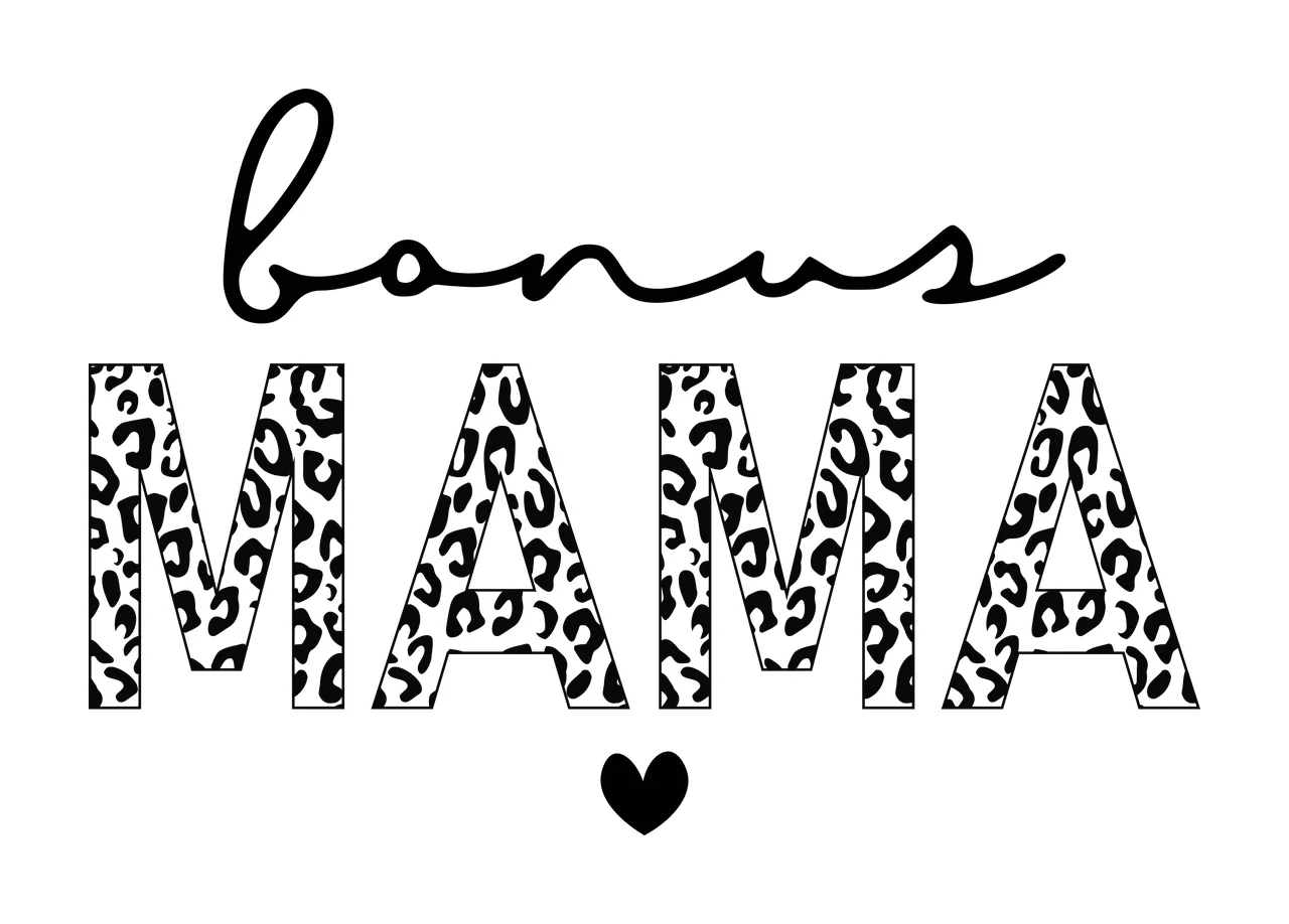 Bonus MAMA Typography Design with cursive bonus text, leopard print mama block letters and black heart icon in white