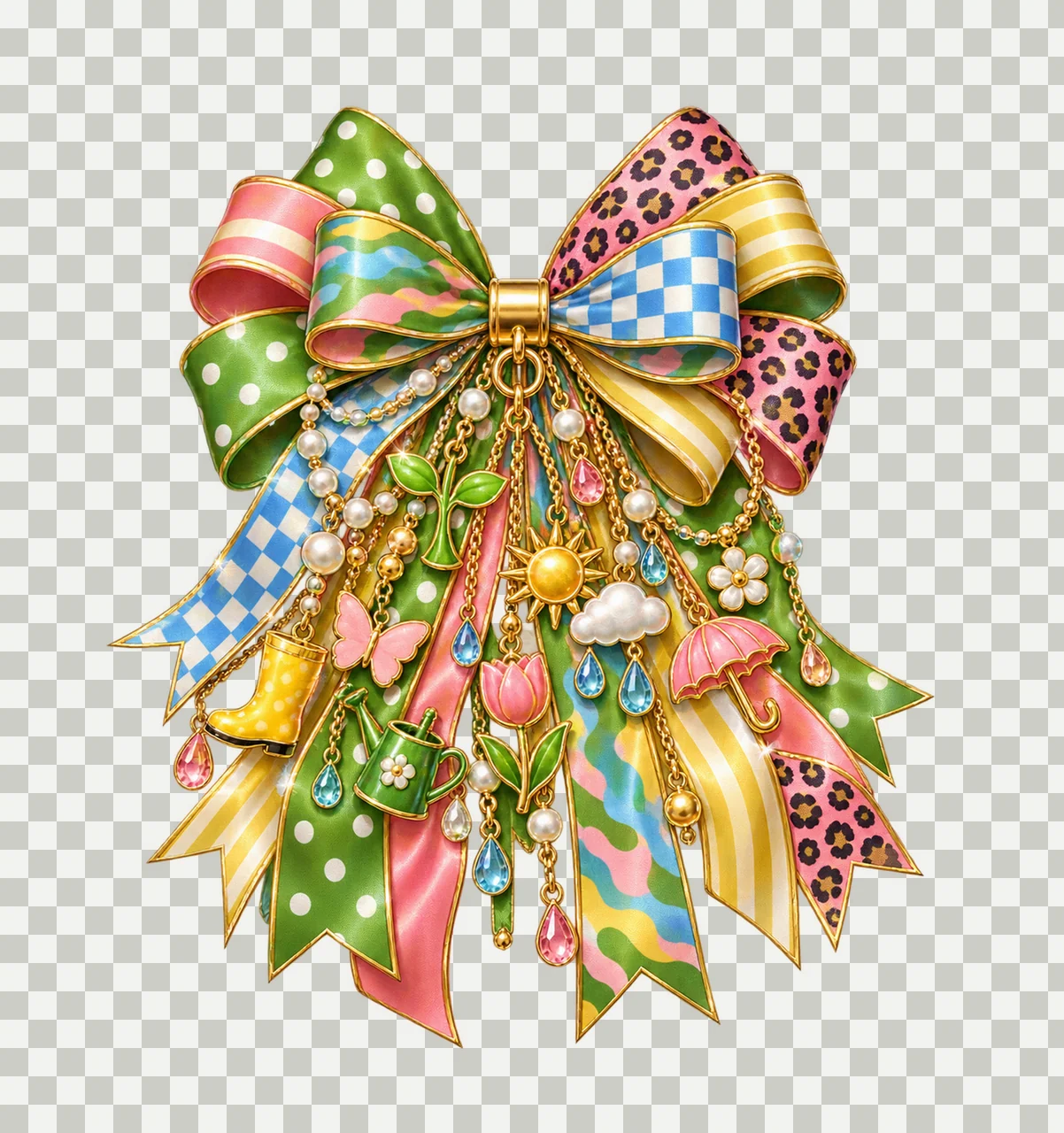 Spring Season Bow Charm PNG, Themed Gold Chain Charms, Coquette Ribbon Sublimation Design, Transparent Digital Download transparency and detail preview thumbnail