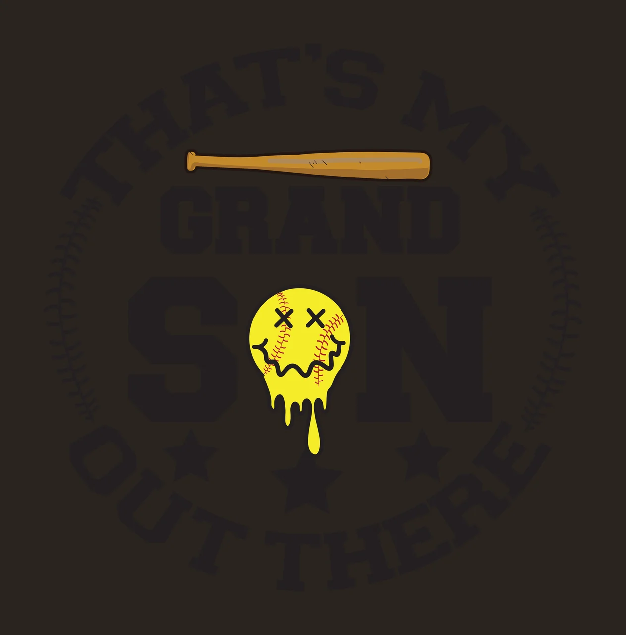 THAT'S MY GRAND SON OUT THERE baseball typography emblem with wooden baseball bat, dripping yellow smiley face softball, black stars and curved baseball stitches in brown contrast preview thumbnail