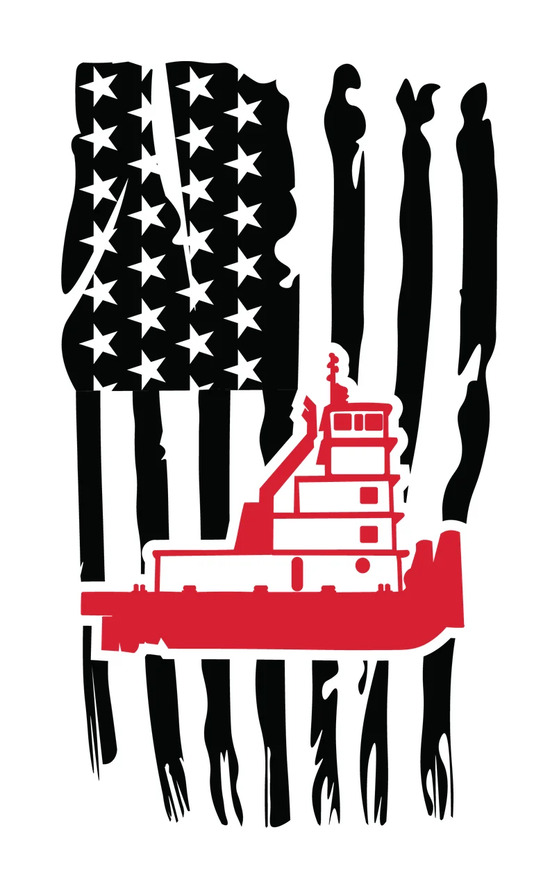 Boat Tugboat Silhouette On Vertical American Flag stars stripes