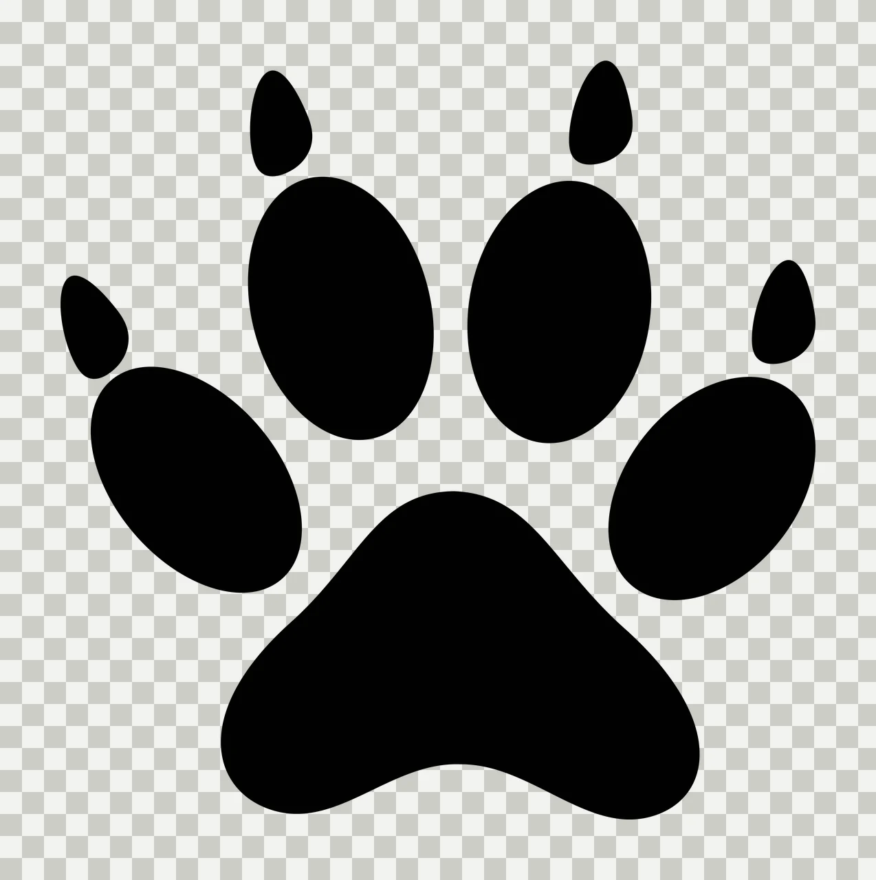 Paw print silhouette Illustration with black paw print, five oval pads and one large central pad in white transparency and detail preview thumbnail
