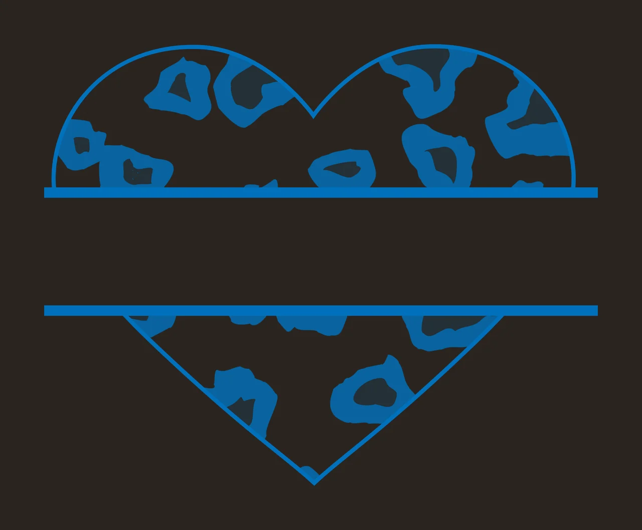 Split heart monogram frame with leopard print spots, horizontal parallel lines and text bar space in blue, light blue and white contrast preview thumbnail