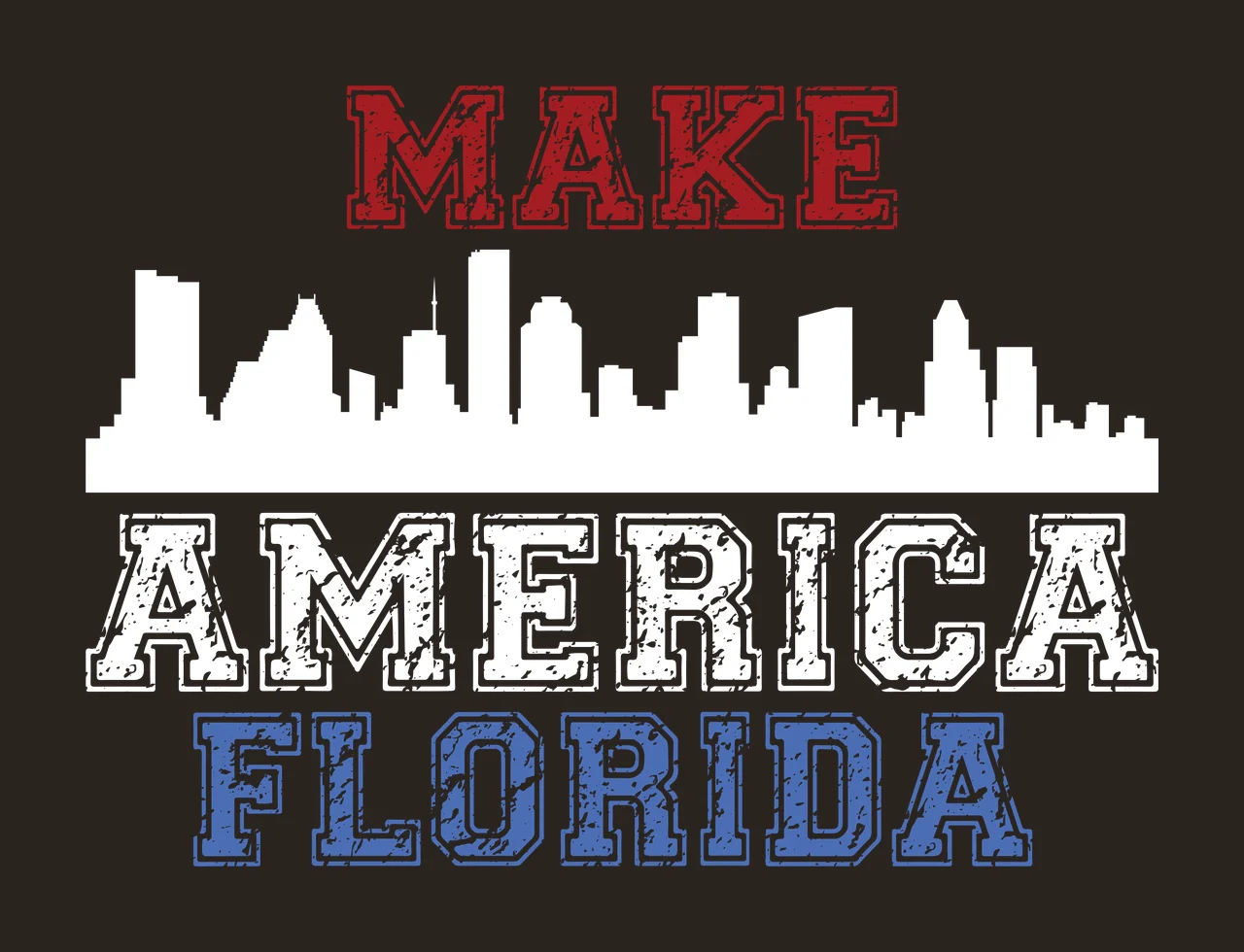 MAKE FLORIDA Typography Design with distressed text, collegiate font, block letters and weathered texture in red, blue and white contrast preview thumbnail