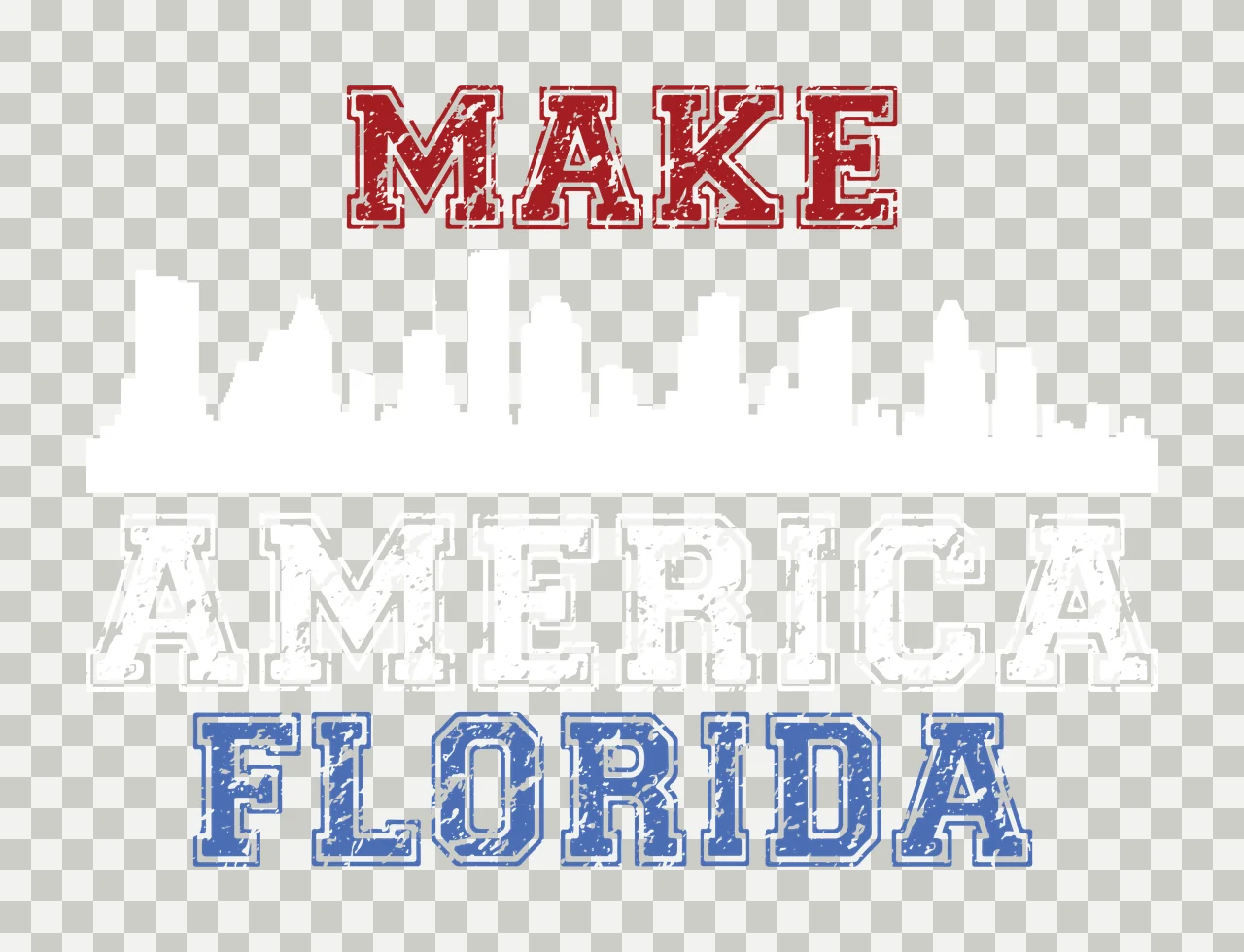 MAKE FLORIDA Typography Design with distressed text, collegiate font, block letters and weathered texture in red, blue and white transparency and detail preview thumbnail