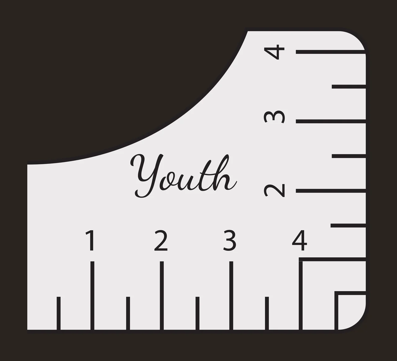 Youth 1 2 3 4 2 3 4 t-shirt alignment ruler Design with curved corner ruler, measurement tick marks, numbered scale and cursive text in light gray, black and white contrast preview thumbnail