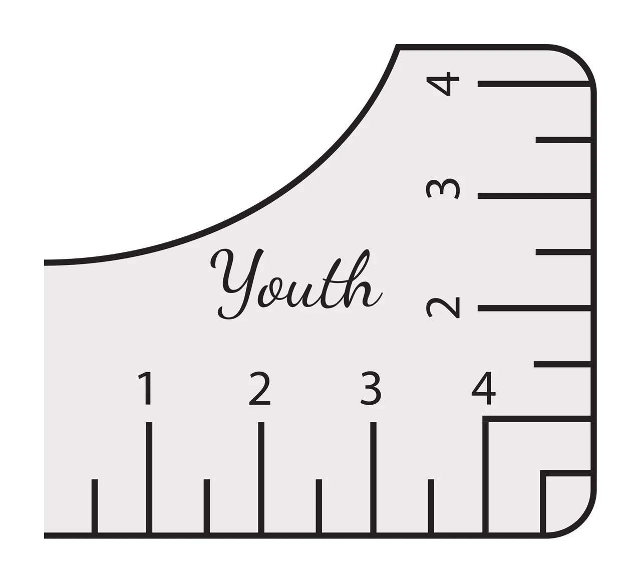 Youth 1 2 3 4 2 3 4 t-shirt alignment ruler Design with curved corner ruler, measurement tick marks, numbered scale and cursive text in light gray, black and white