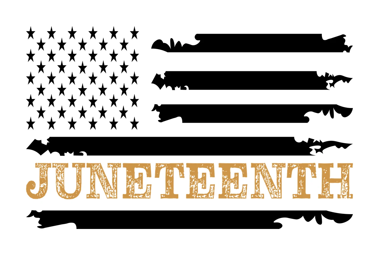 JUNETEENTH Typography Design with American flag, stars, distressed stripes and text in black, gold and white