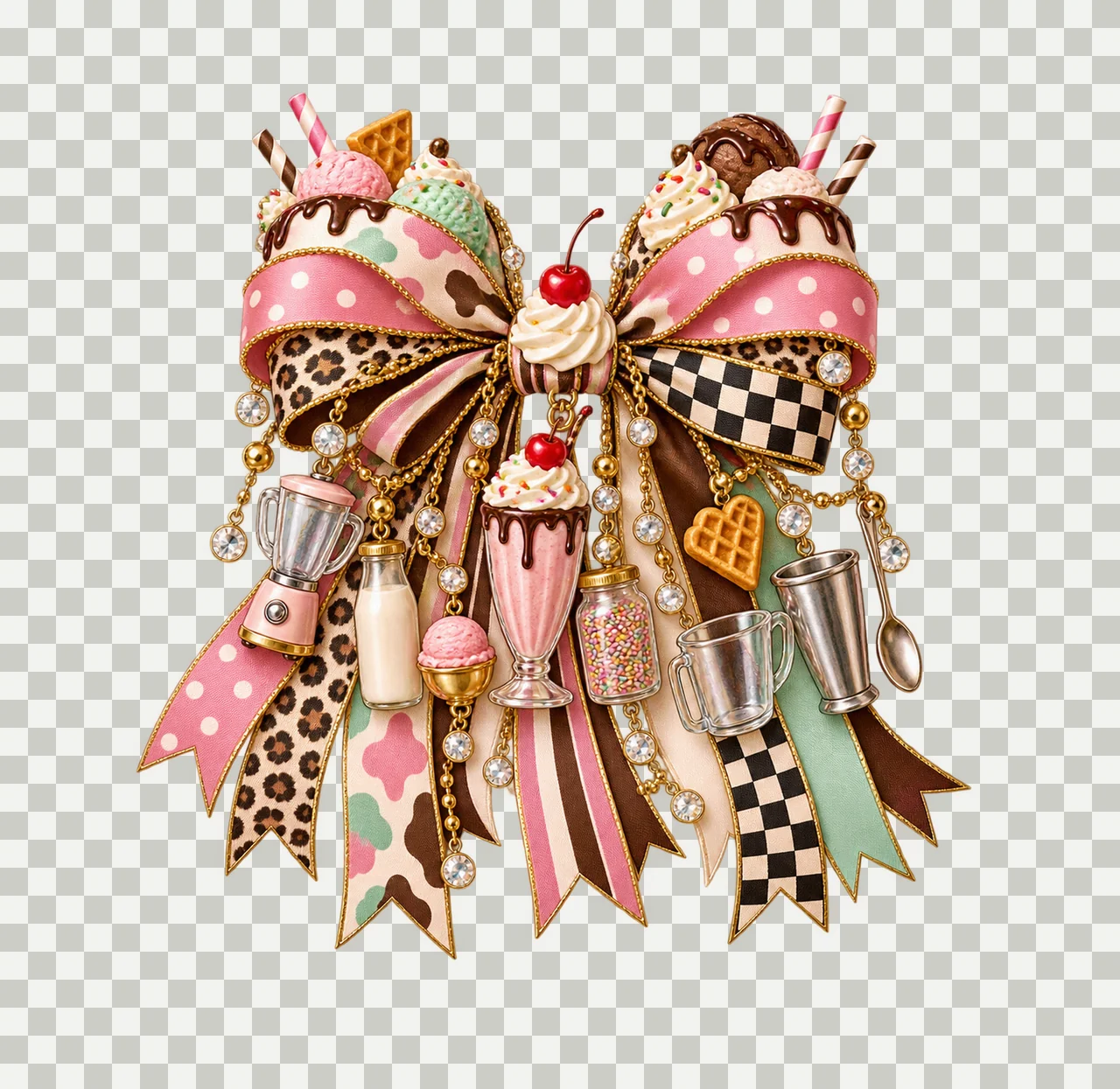 Milkshake Lover Bow Charm PNG, Gold Chain Charms, Transparent Sublimation Design, Digital Download transparency and detail preview thumbnail