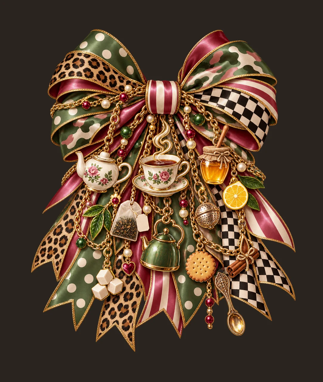 Hot Tea Lover Bow Charm PNG, Teapot Cup Tea Bag and Kettle Charms, Cozy Drink Sublimation Design, Transparent Download contrast preview thumbnail