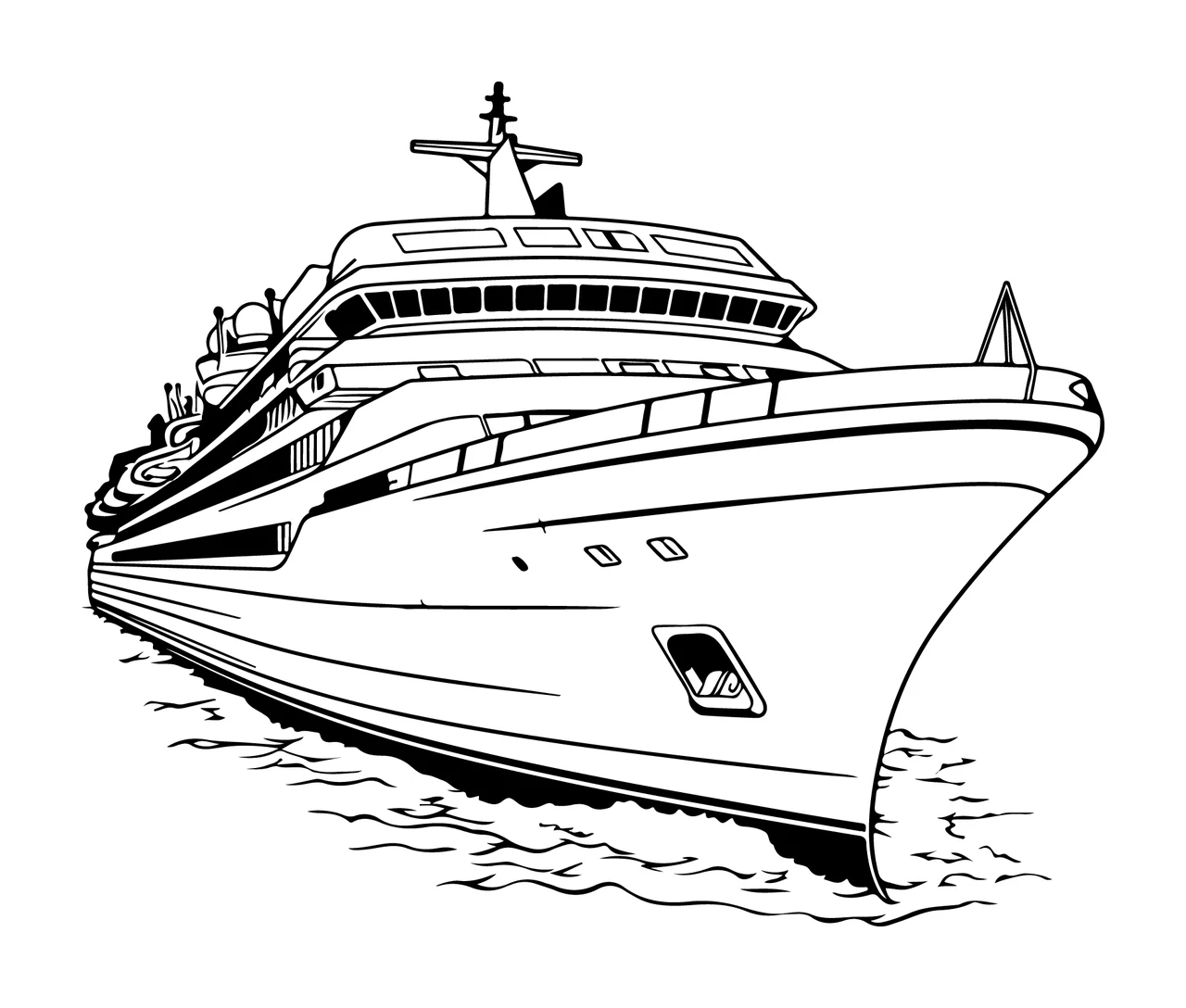 Cruise Ship Sailing On Ocean Waves line art black white boat