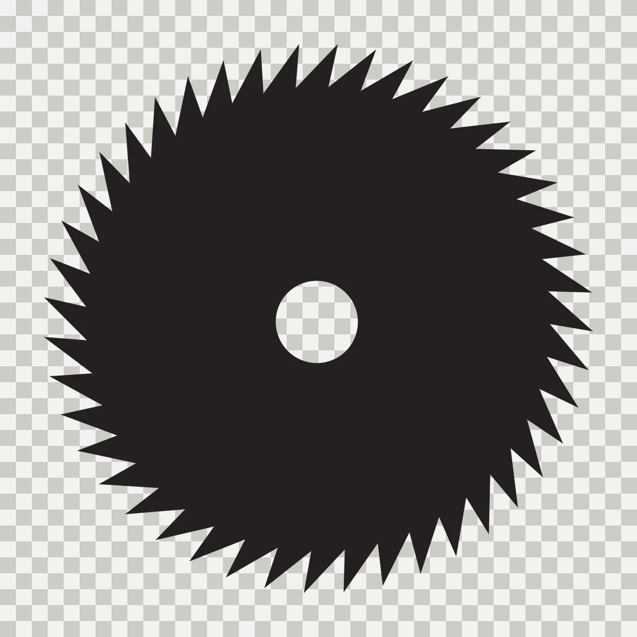 Silhouette Design of circular saw blade with teeth and center hole in black and white transparency and detail preview thumbnail