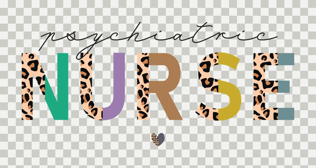 Psychiatric NURSE Typography Design with script text, block letters, leopard print pattern and heart icon in black, tan and green transparency and detail preview thumbnail