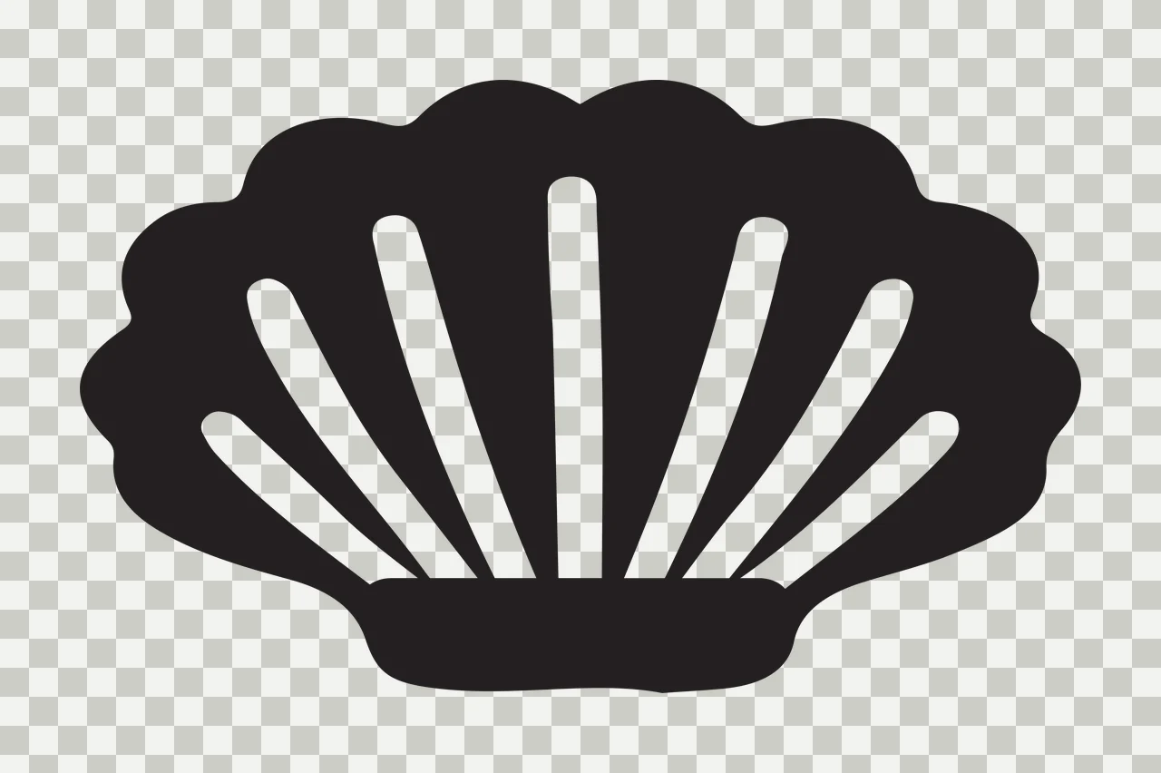Silhouette Design of seashell with scallop shell silhouette, radiating stripes, fan shape and marine symbol in black and white transparency and detail preview thumbnail