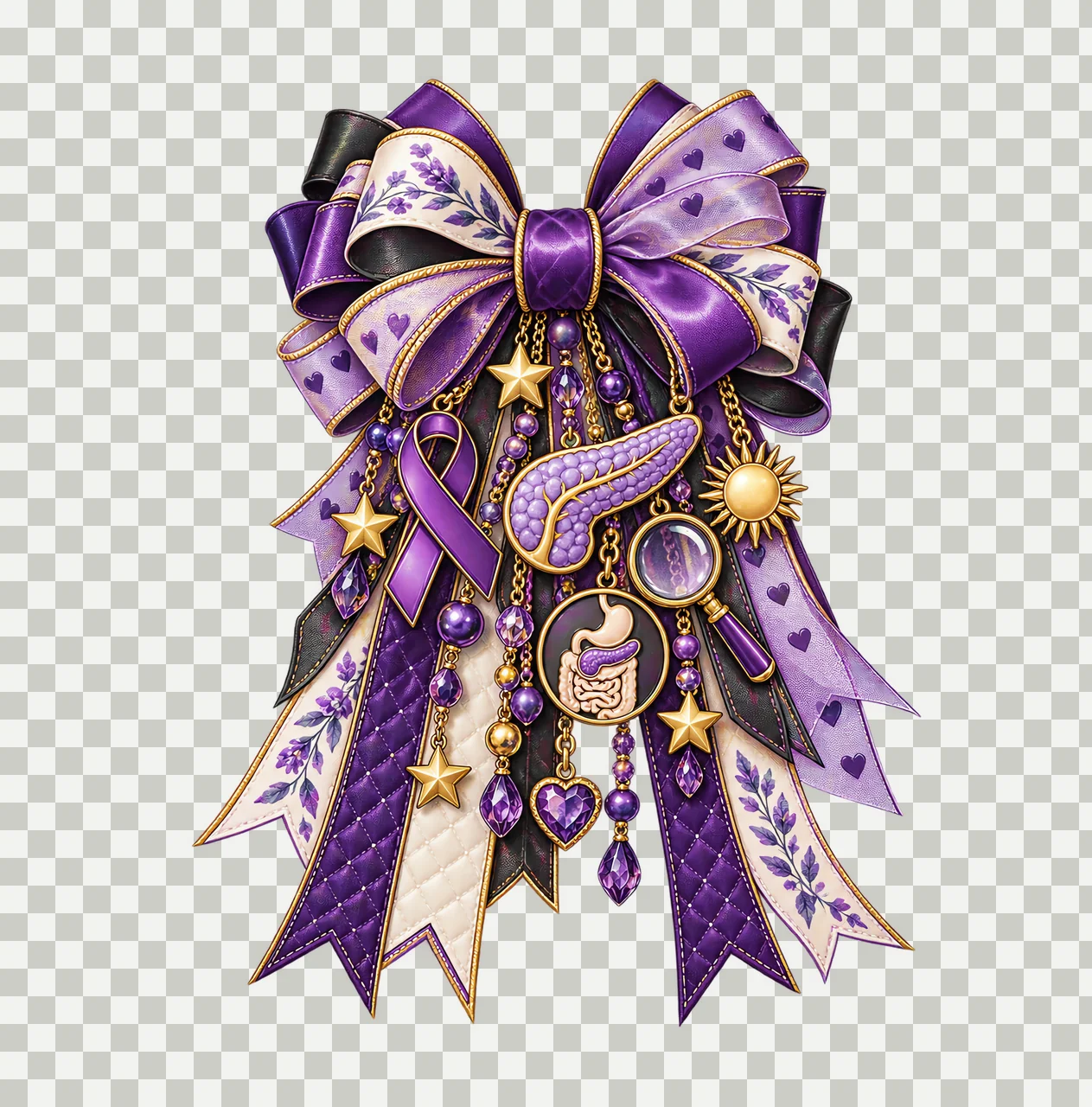 Pancreatic Cancer Awareness PNG, Purple Ribbon and Pancreas Coquette Bow, No Text Sublimation Clipart, Transparent Digital Download transparency and detail preview thumbnail