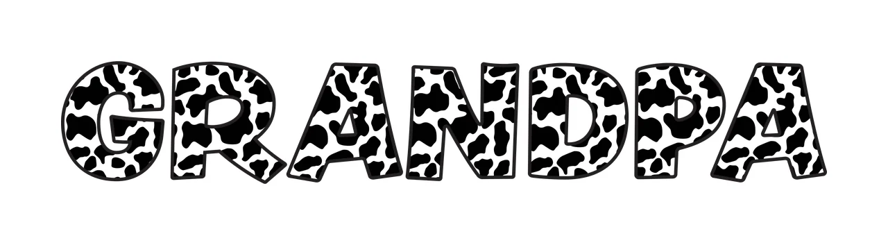 GRANDPA Typography Design with letters, cow print pattern and black outlines in white