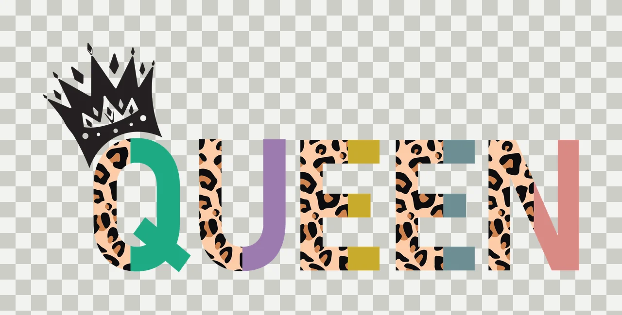 QUEEN Typography Design with QUEEN text, crown, leopard print and solid colors in teal, purple and gold transparency and detail preview thumbnail