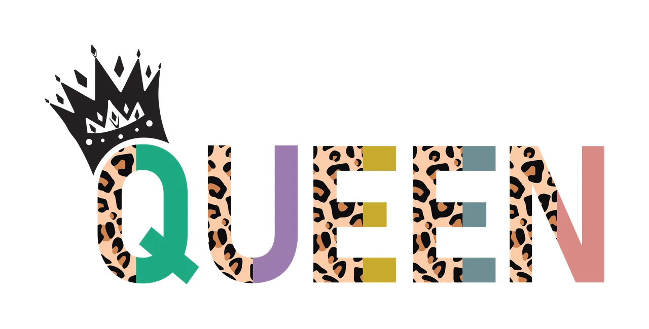 QUEEN Typography Design with QUEEN text, crown, leopard print and solid colors in teal, purple and gold