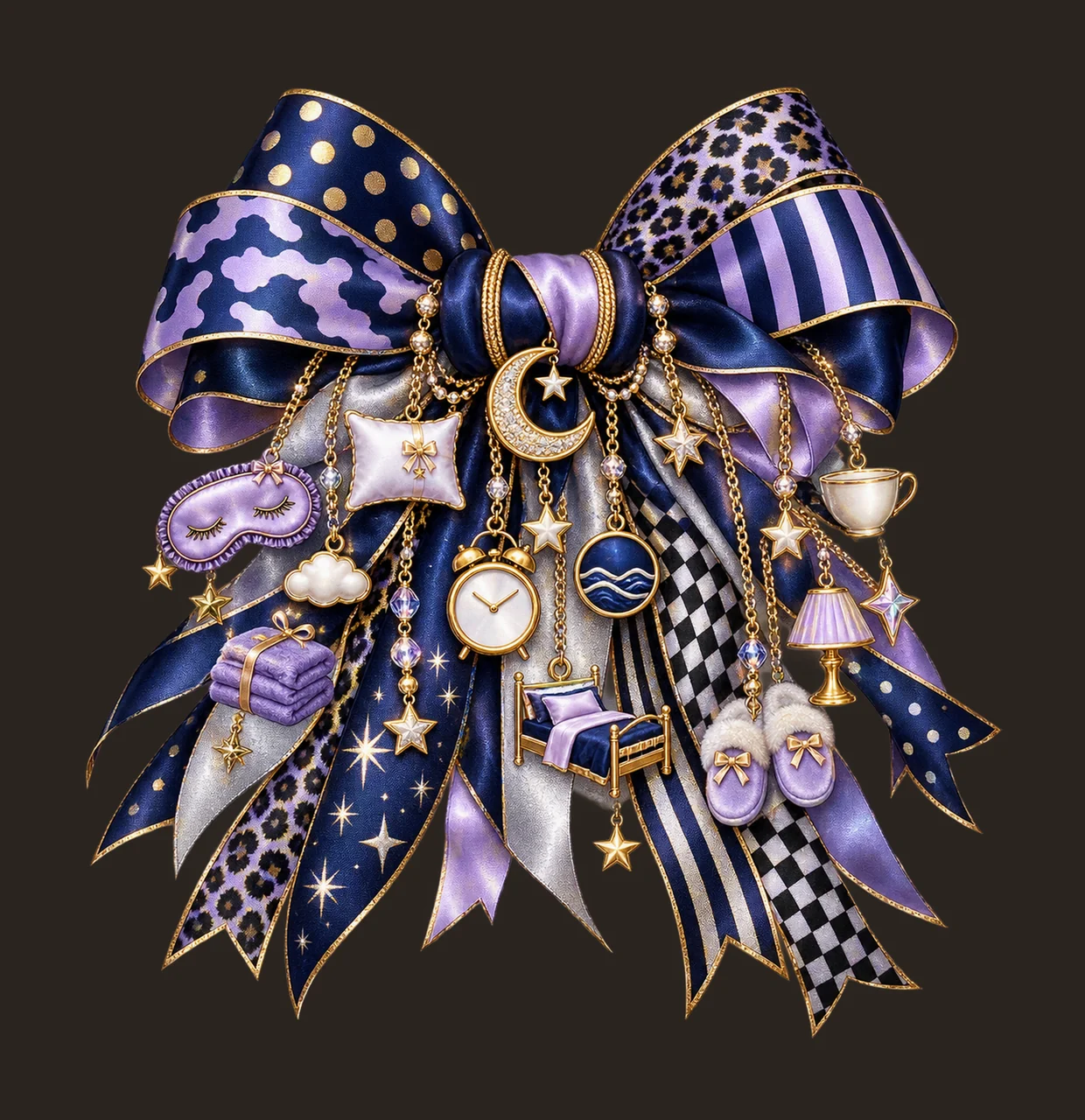 Sleep Awareness Bow Charm PNG, Themed Gold Chain Charms, Coquette Ribbon Sublimation Design, Transparent Digital Download contrast preview thumbnail