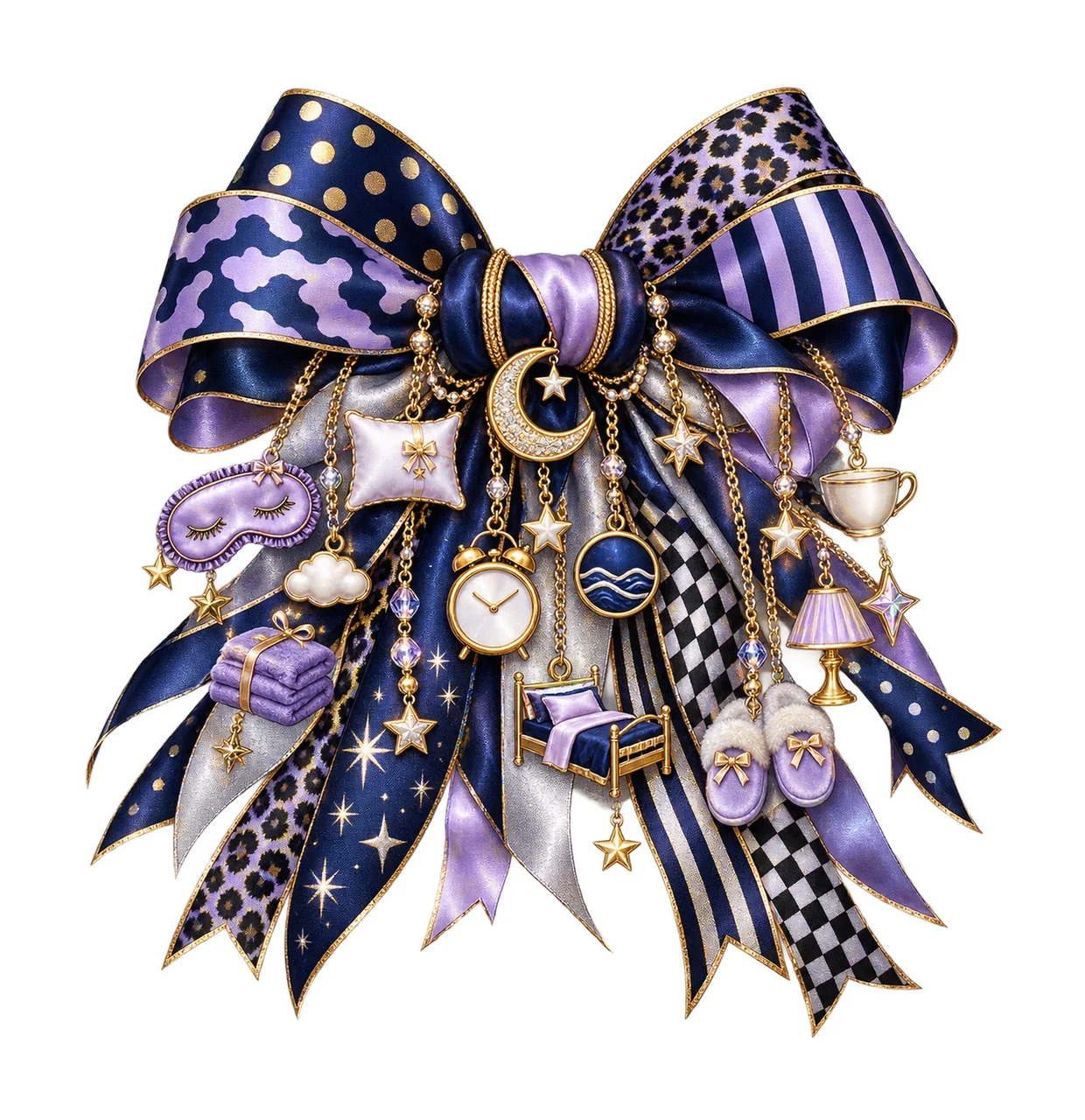 Sleep Awareness Bow Charm PNG, Themed Gold Chain Charms, Coquette Ribbon Sublimation Design, Transparent Digital Download