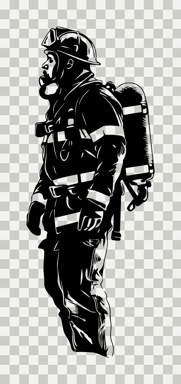 Firefighter Wearing Breathing Equipment Standing Profile helmet transparency and detail preview thumbnail
