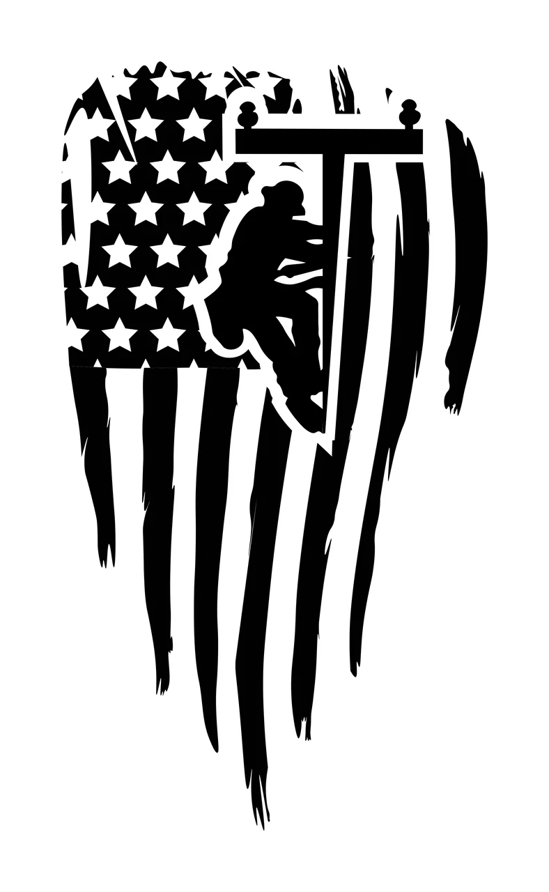 Lineworker silhouette climbing a utility pole Illustration with crossarm, insulators, distressed American flag and stars and stripes in black and white