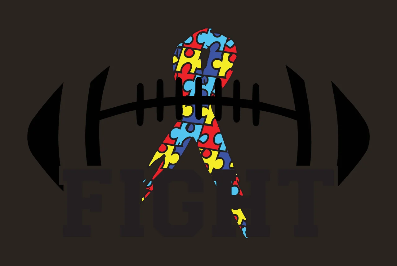 FIGHT Typography Design with black football outline, puzzle-piece ribbon in red blue yellow and black bold 'FIGHT' text contrast preview thumbnail