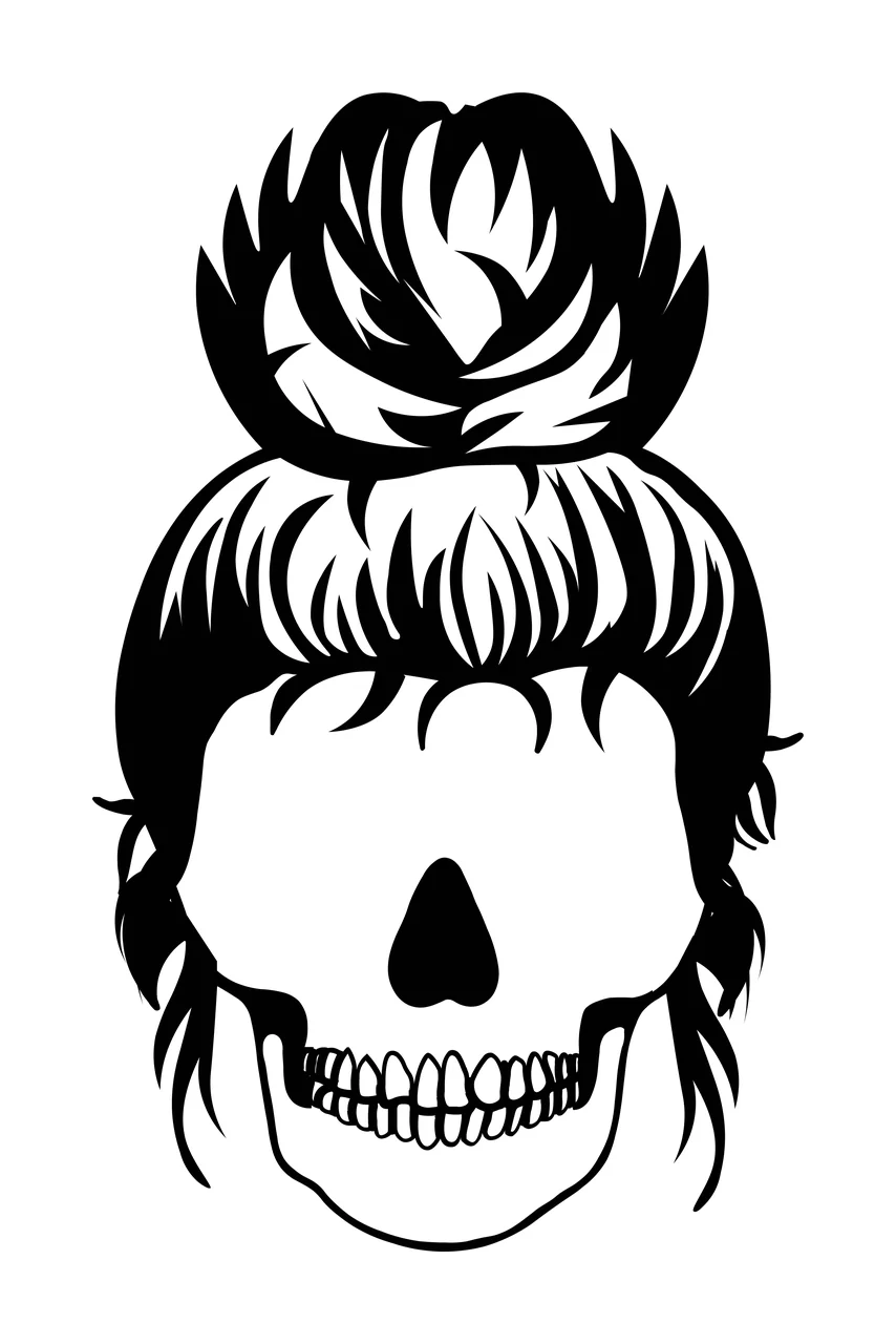 Keychain Skull With Messy Hair Bun silhouette black head
