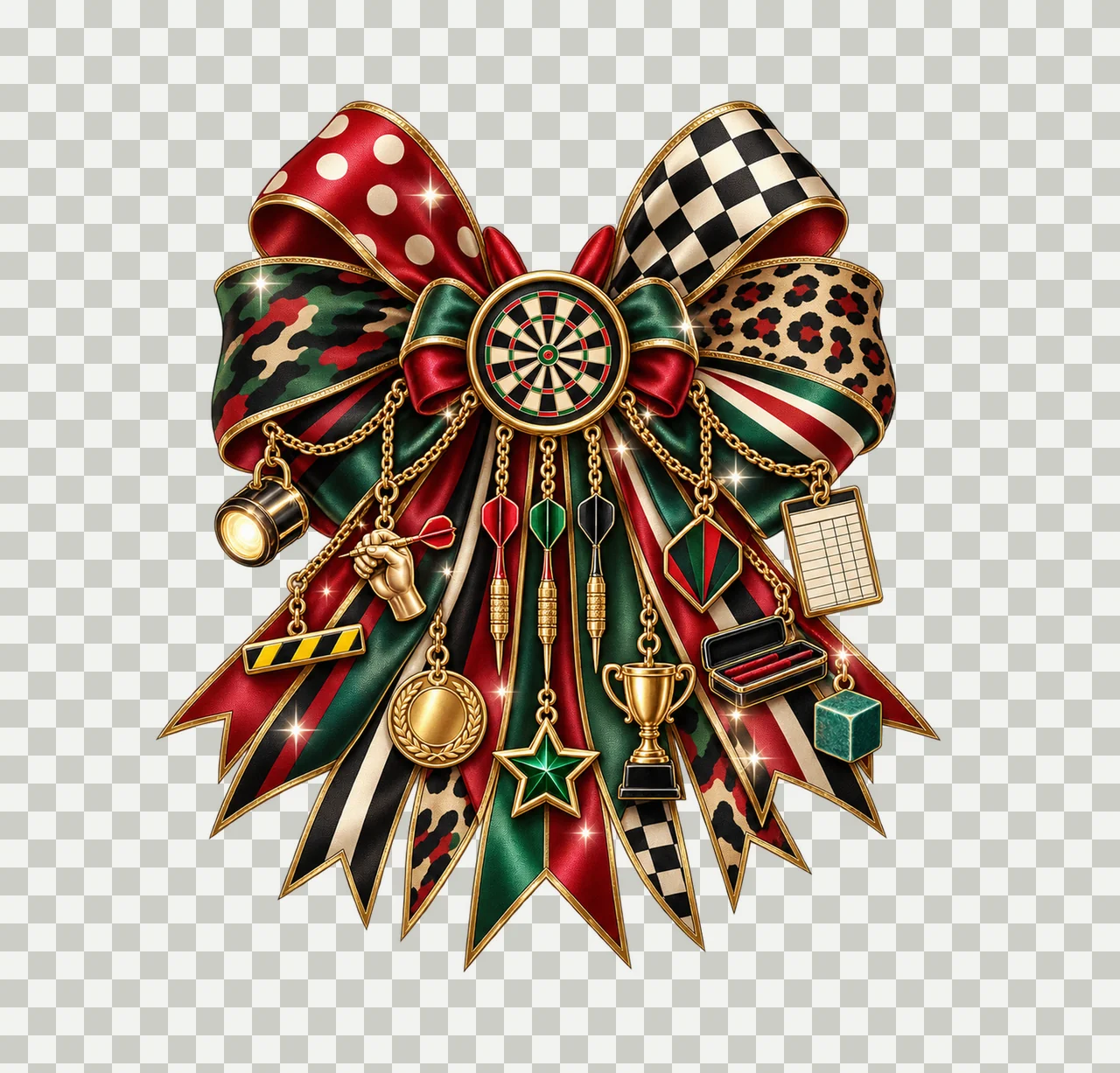 Darts Player Bow Charm PNG, Themed Gold Chain Charms, Coquette Ribbon Sublimation Design, Transparent Digital Download transparency and detail preview thumbnail