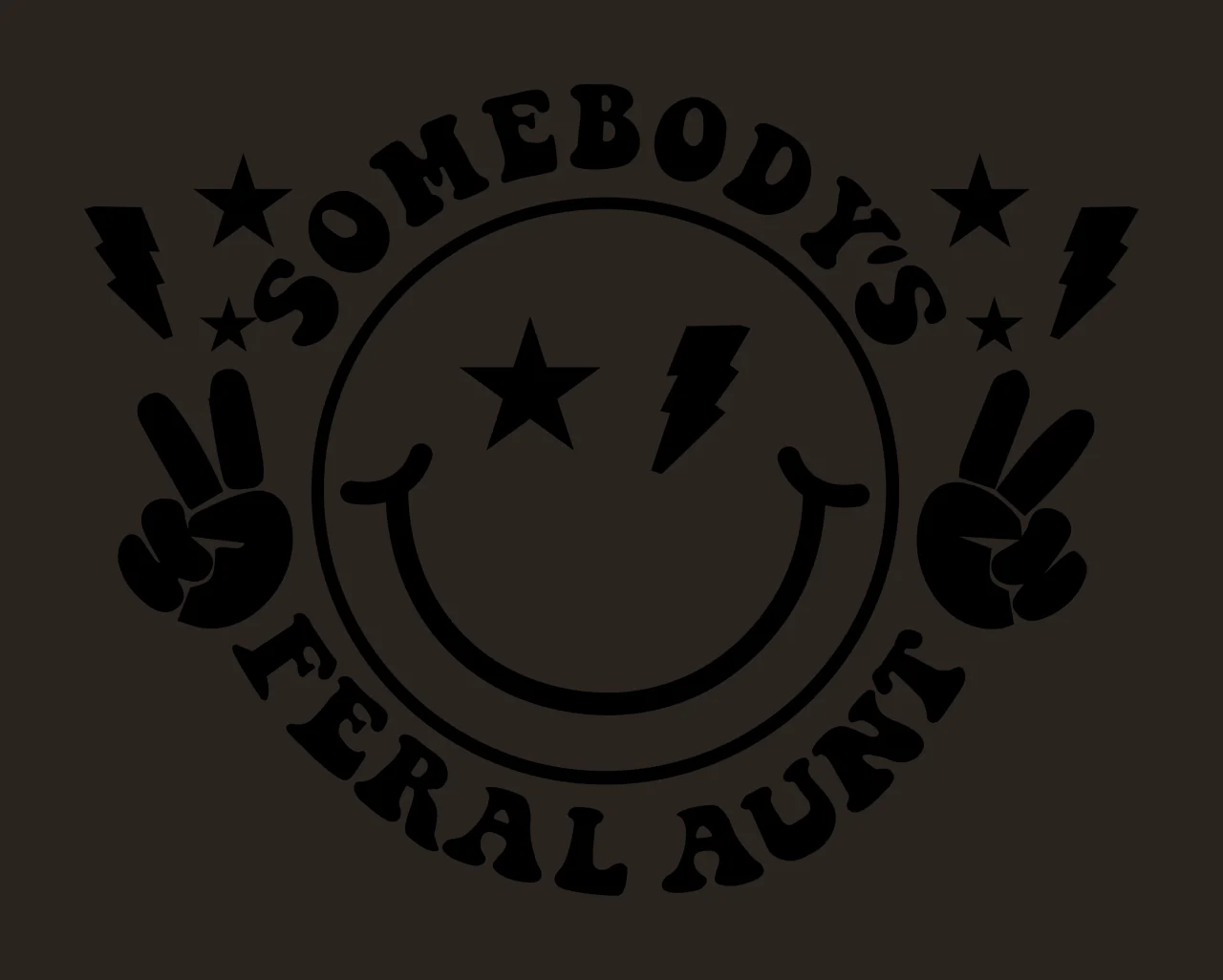 SOMEBODY'S FERAL AUNT smiley face emblem Design with star eye, lightning bolt eye, peace sign hands and stars in black and white contrast preview thumbnail